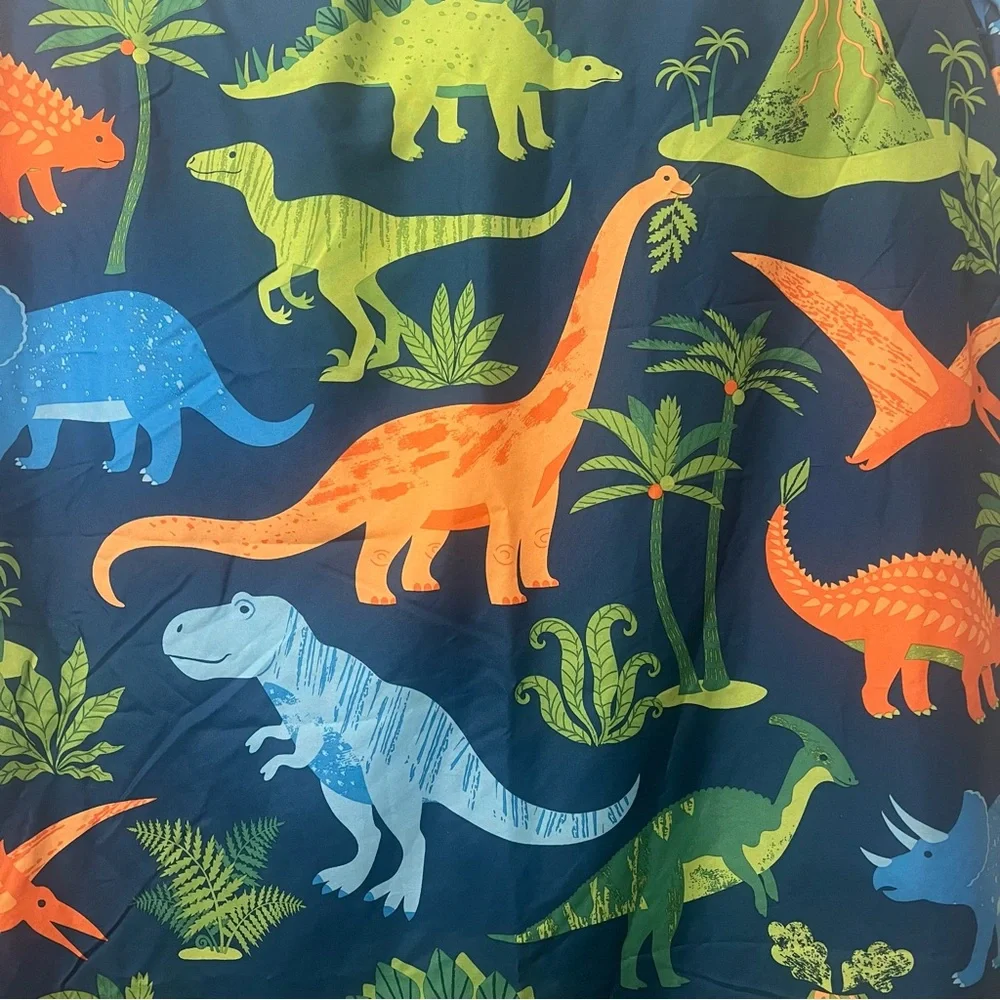 Bathroom Shower Curtain navy blue with dinosaur in blue, green and orange colors